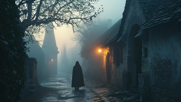 Foggy morning streetscape with a figure in a cloak