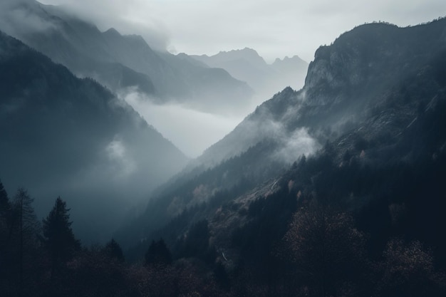 A foggy mountain landscape with a mountain in the background