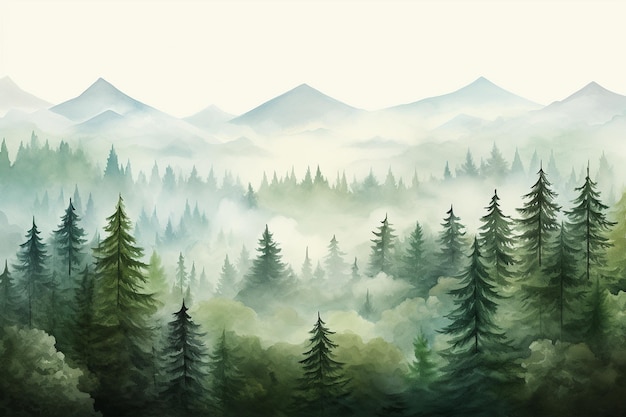 Foggy mountain landscape with pine trees and birds Digital painting