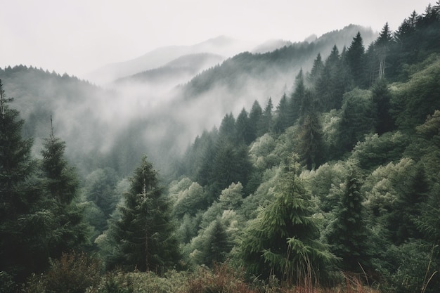 A foggy mountain landscape with trees and mountains in the background.