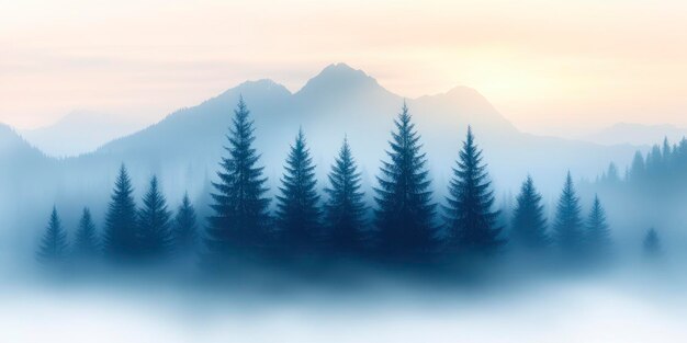 Photo a foggy mountain range with trees with bright sky background