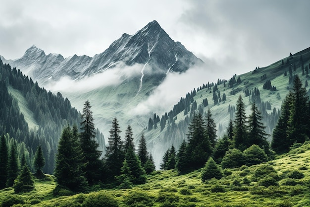 Foggy mountain slopes with fir trees in the landscape Generative AI