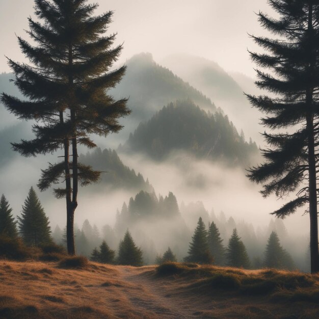 A foggy mountain with trees on the side of