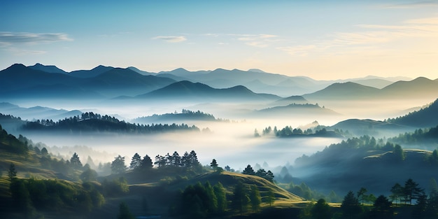 Foggy mountains landscape Panoramic view of foggy valley