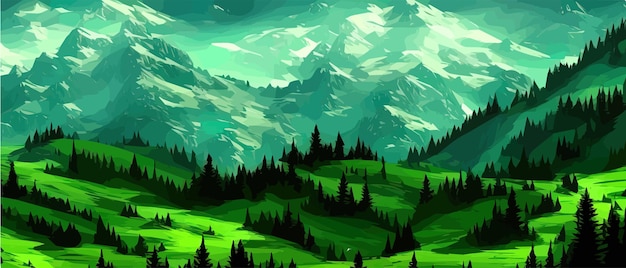 Foggy mountains with coniferous forest vector illustration Smokey rocky panorama with mountain mountains