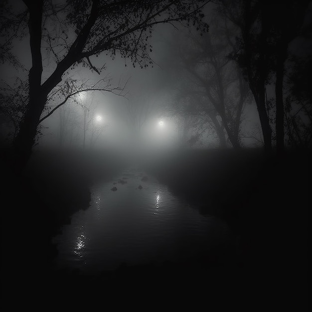 Foggy night bright lights reflecting on a water path surrounded by dark trees eerie fog mysterious and beautiful atmosphere