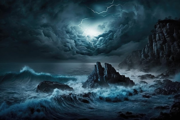 Foggy nighttime seas with raging storms