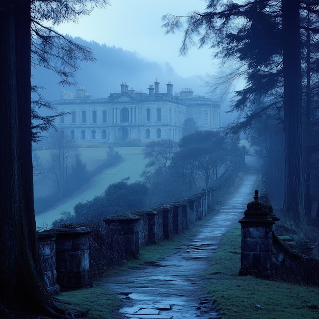 Photo a foggy pathway leading to an old mansion in a forest