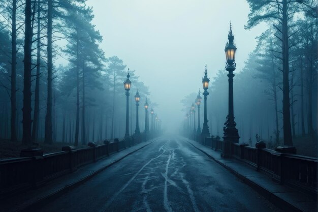 Foggy Pathway with Vintage Street Lamps in Forest