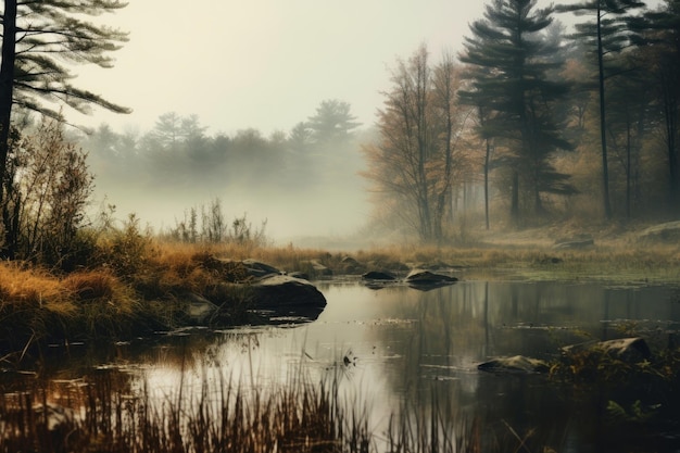 Foggy pond wilderness landscape outdoors