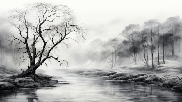 A foggy river with trees and fog in the foreground Generative AI