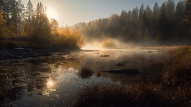 A foggy river with trees and a foggy lake in the background.