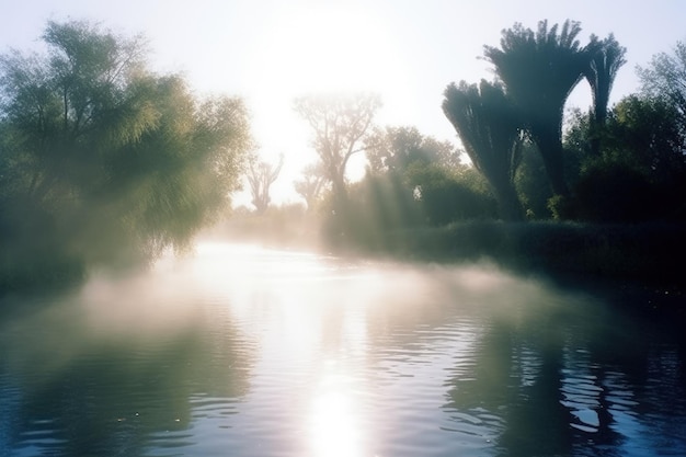 A foggy river with trees and the sun shining through the clouds