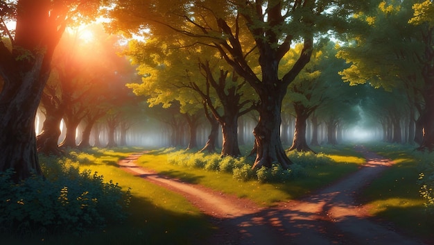 Foggy road in the autumn forest 3D render