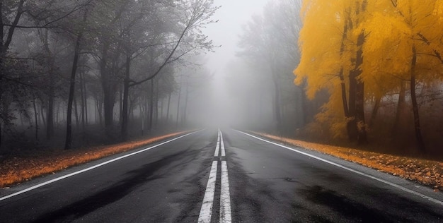 Foggy road in the autumn forest with yellow trees and fog High quality pic