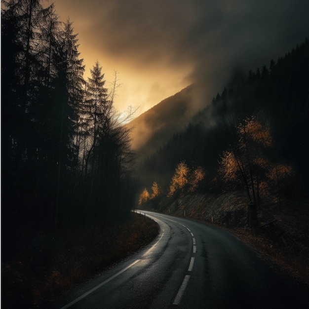 Foggy road in the mountains at sunset Beautiful autumn landscape