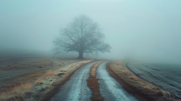 Photo a foggy road with a tree in the middle the tree is bare and the fog is thick