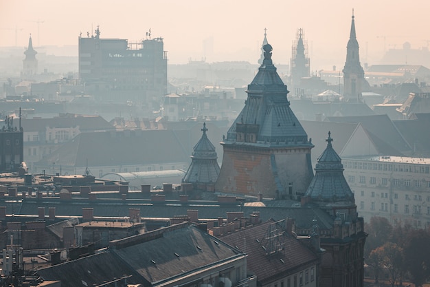 Foggy rooftop view of Budapest historical city center, Hungary