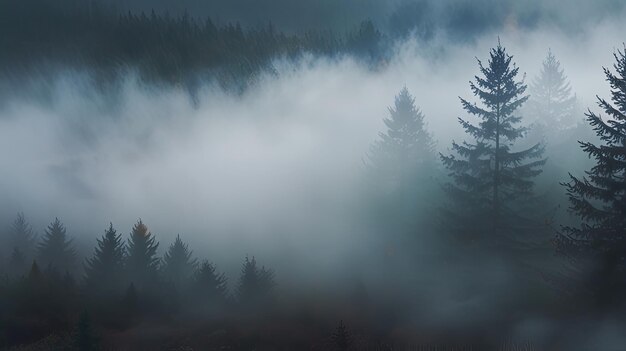 Photo a foggy scene with pine trees and fog in the background