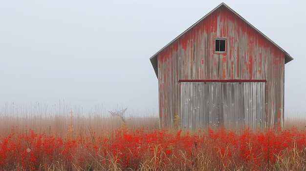 Foggy scene with a red barn and red flowers