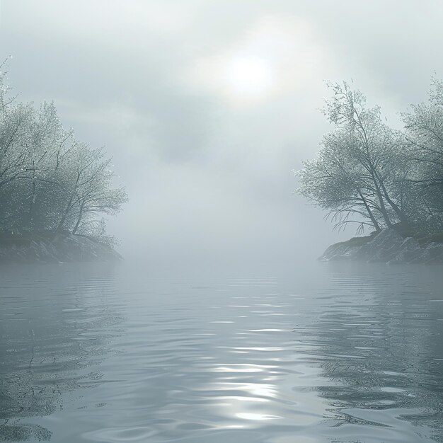 Photo a foggy scene with trees and a river with a sun shining on the water