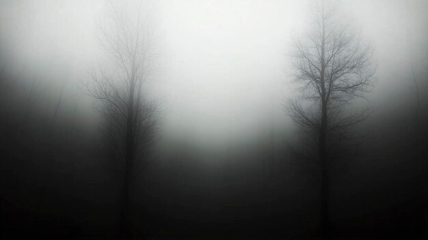 a foggy scene with trees and a sign that says  no one