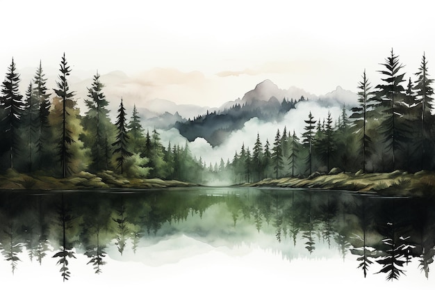 Foggy spruce forest scenery by the river watercolor illustration