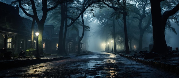 Foggy street in old town at night