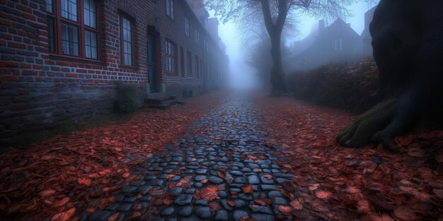 A Foggy Street With Red Leaves on the Ground