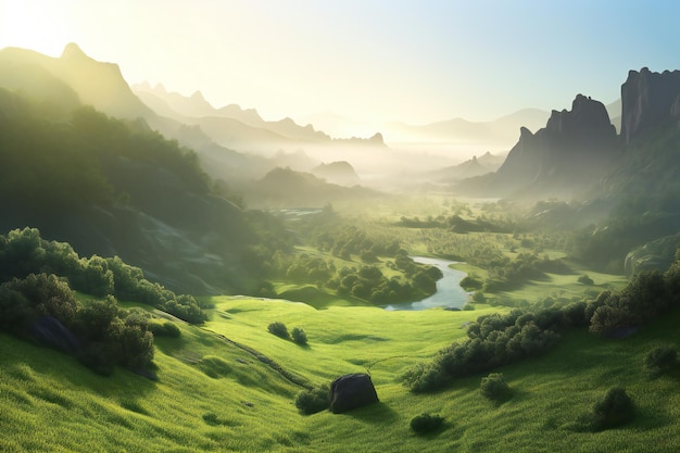 Foggy summer landscape with river and mountains