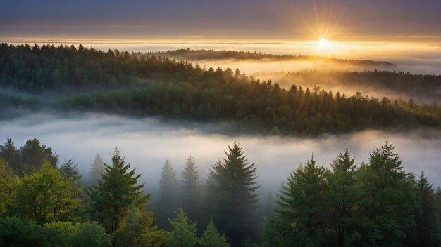 Photo a foggy sunrise over a forest with trees and fog