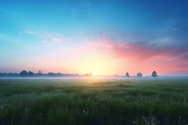 Foggy sunrise in the meadow Beautiful summer landscape