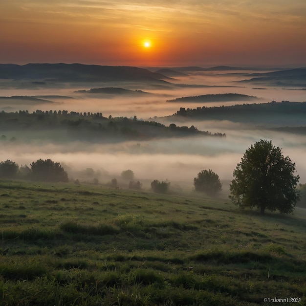 Photo foggy sunrise in northern hungary