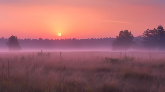 Photo a foggy sunrise with a pink sky and a tree in the foreground.