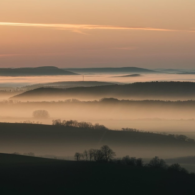 Photo a foggy sunrise with a tower in the distance