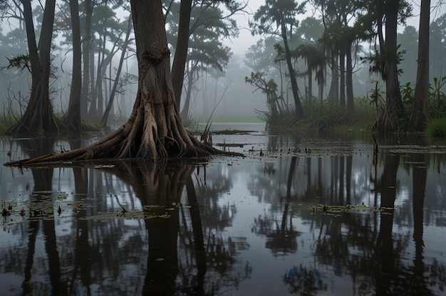 Photo foggy swamp with twisted tree roots