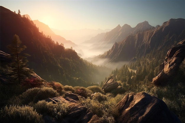 Foggy valley in the mountains at sunset