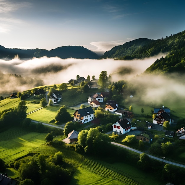 a foggy village in the valley of fog