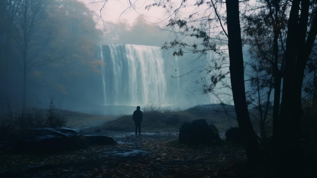 Photo foggy waterfall in the forest tonalist uhd image with dystopian landscapes