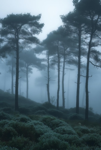 Photo a foggy woodland scene with silhouettes of trees barely visible through the dense mist evoking a sense of mystery