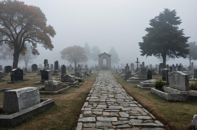 Fogshrouded cemetery with cracked stone