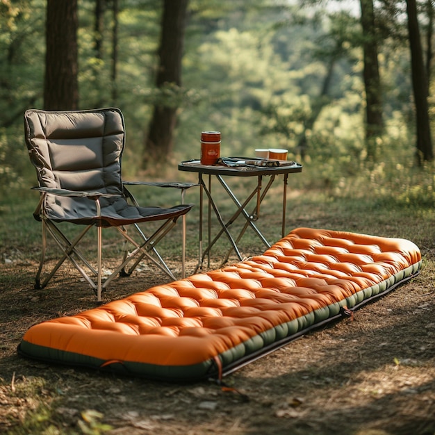 Foldable sleeping pad with a camping chair and table setup for comfort