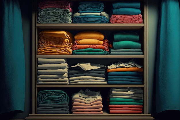 Folded apparel is neatly stacked on the store shelves