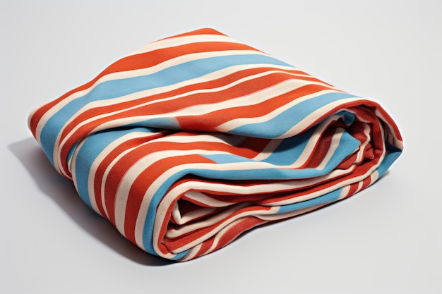 A folded beach towel made of striped material presented on a white background separate from other ob