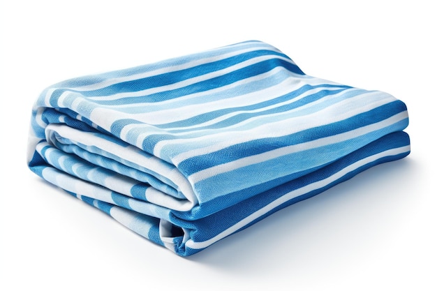 A folded beach towel with blue stripes is placed alone on a white background representing a decorati