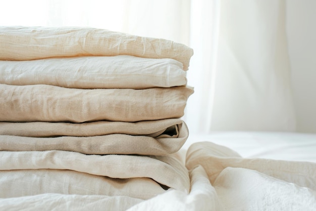 Folded beige and white linens stacked neatly in soft natural light reflecting a serene and comforting ambiance