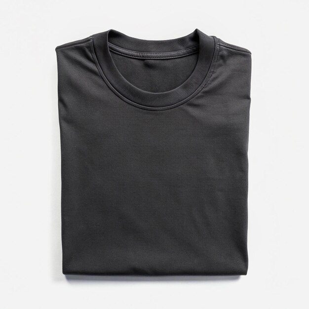 Photo folded black cotton blank tshirt laid flat on a dark black background for mockup tshirt mockup