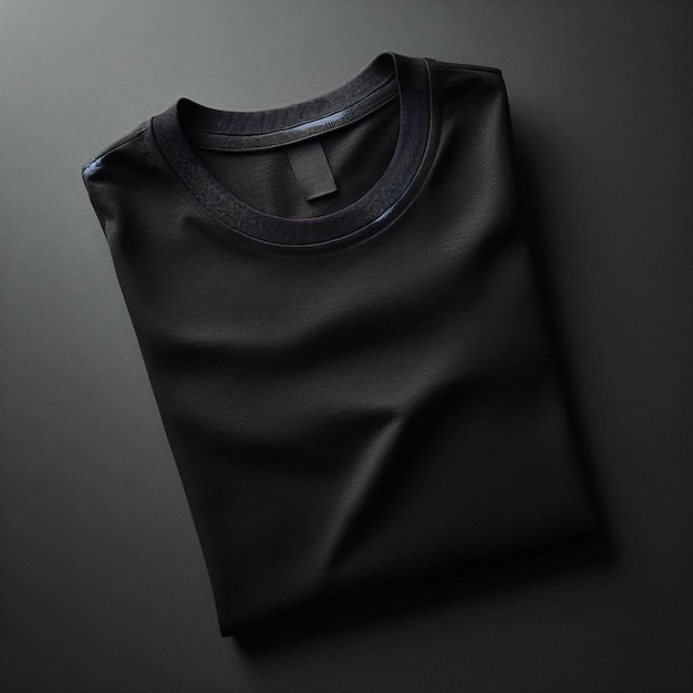 Folded Black cotton blank tshirt laid flat on a dark black background for mockup tshirt mockup