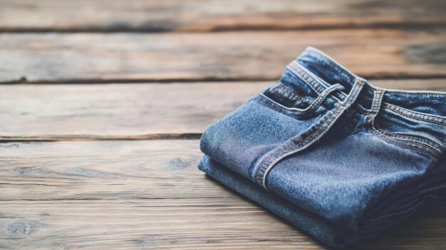 Photo folded blue jeans on rustic wooden background photo