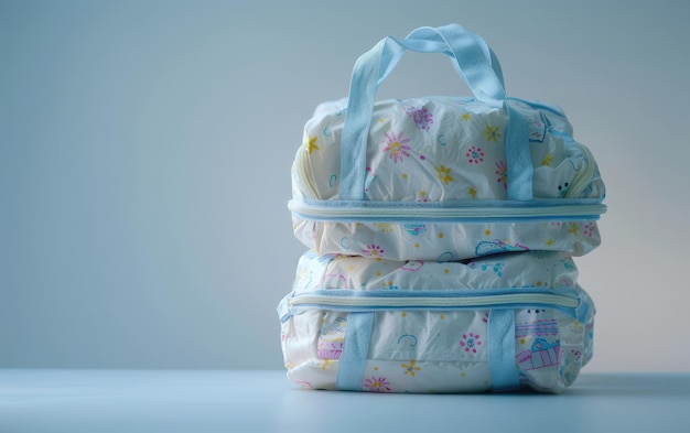 Photo a folded blue and white diaper bag with a zipper closure and colorful patterns